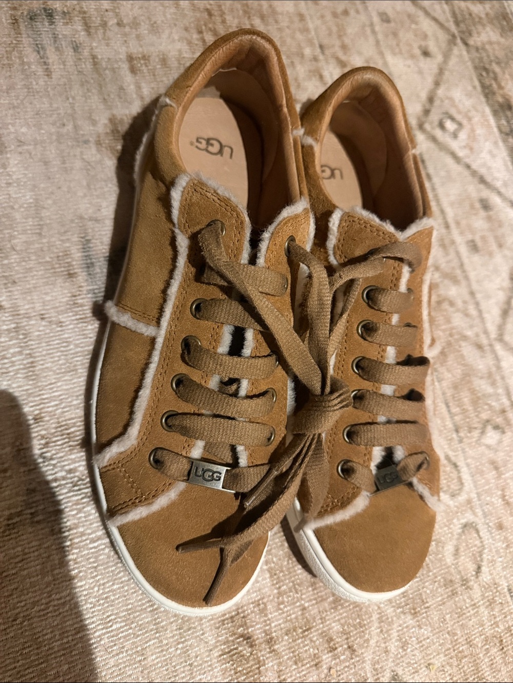 UGG Chestnut/Tan Suede Shearling Trim Lace-Up Sneakers